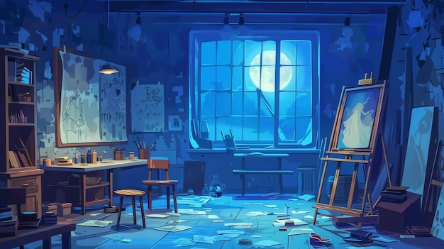 Geestelijk verlaten beschadigde kunststudio interieur met graffiti gebroken meubels verf benodigdheden puinhoop en spinnenwebben Cartoon spookachtig spookachtige kunstenaar studie met een volle maan over het raam