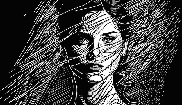 Foto geestelijke gezondheid concept abstract grafisch portret van een jonge vrouw in een staat van angst en depressie getekend met chaotische lijnen in een vector lijn kunststijl verwarde geest en chaotische gedachten