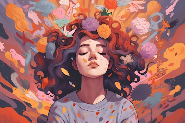 Geestelijke gezondheid creatief abstract concept Kleurrijke illustratie van tienermeisje Generatieve AI