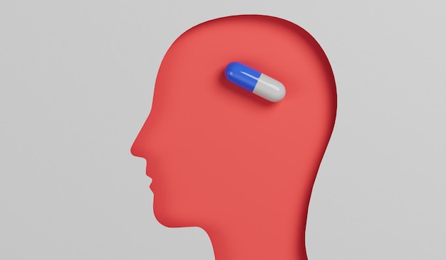 Geestelijke gezondheid voorgeschreven medicijnen hoofd met medicijn capsule antidepressiva d rendering