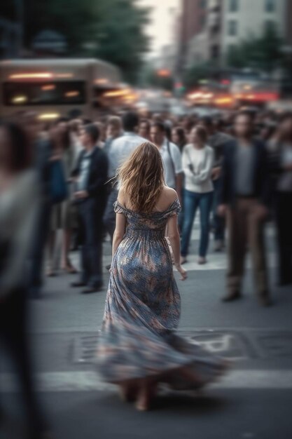 Foto geestelijke gezondheidsproblemen concept depressie angst vrouw van achteren omringd door mensen die op straat lopen vervaagde zachte focus