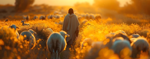 Geestelijke leiding van Christus een herder gebed in een zonnig veld concept jesus christus christelijk gebed geestelijke leiding velden van licht herder zegen