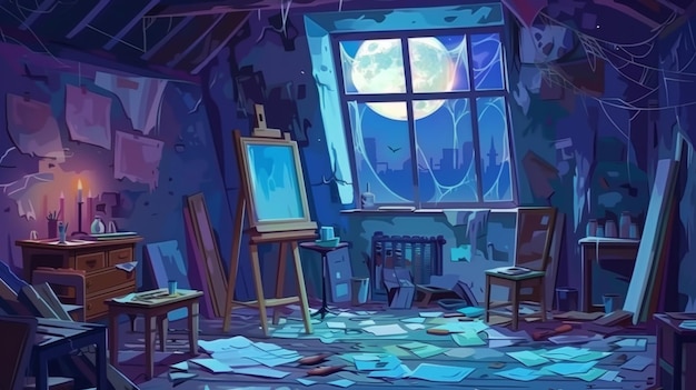 Geesten verlaten verwoeste kunststudio klaskamer Cartoon spookachtig spookachtige kunstenaar studeerkamer met gebroken meubels verf benodigdheden spinnenwebben vuile venster