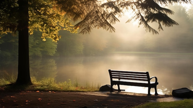 Gefluister van kalmte, reflecterend in mistige sereniteit op een bankje in het park