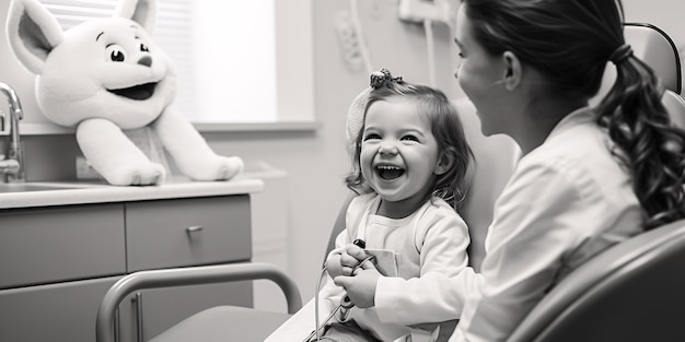 Foto gefotografeerd beeld van een gelukkig kind bij de tandarts, dat een knuffelkonijn vasthoudt en vrolijk een verpleegster een highfiving geeft