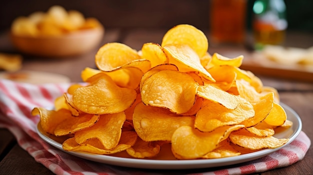 Gefrituurde aardappelchips liggen op een bord in de keuken Homemade chips snack