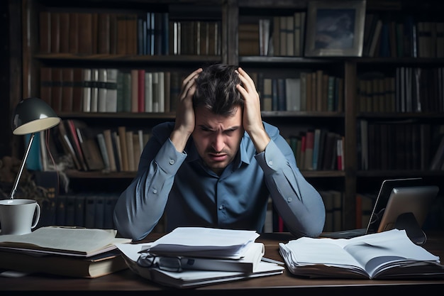 Gefrustreerde man die zijn hoofd in zijn handen houdt terwijl hij aan een bureau zit