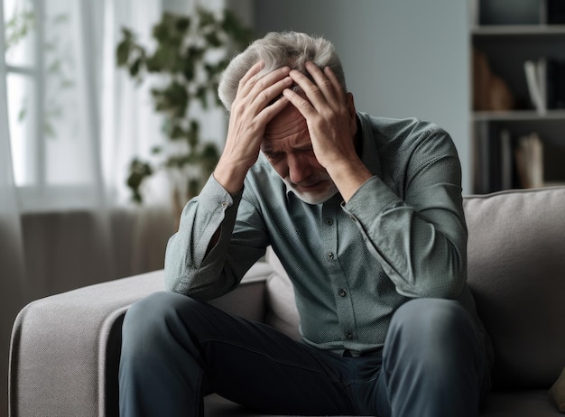 Gefrustreerde ongelukkige senior man zittend op een bank geestelijke gezondheid concept