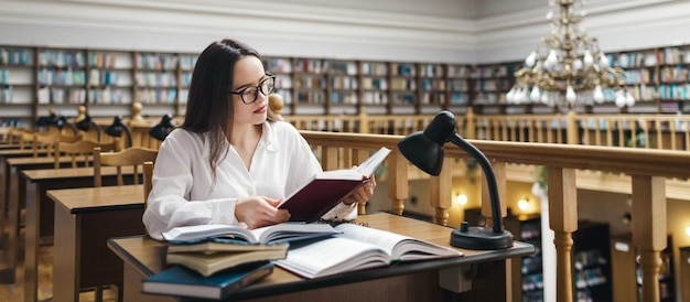 Gefrustreerde vrouwelijke student zit aan het bureau met een enorme stapel studieboeken in de universiteitsbibliotheek en studeert