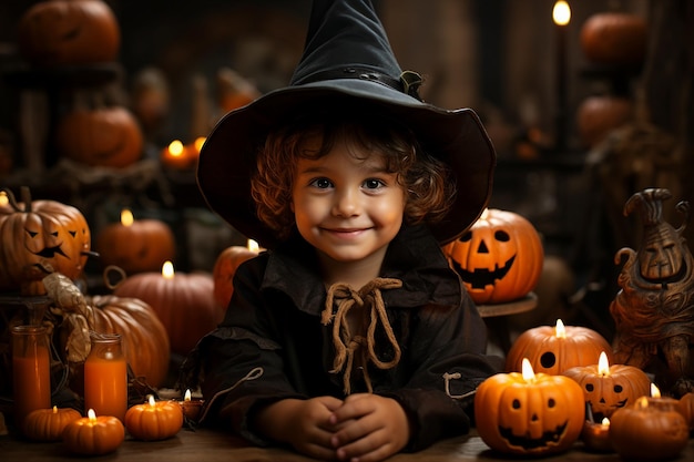 Gegenereerd een afbeelding van een glimlachend gelukkig vrouwelijk of mannelijk kind in een thematisch kostuum dat een festival viert op een donkere achtergrond