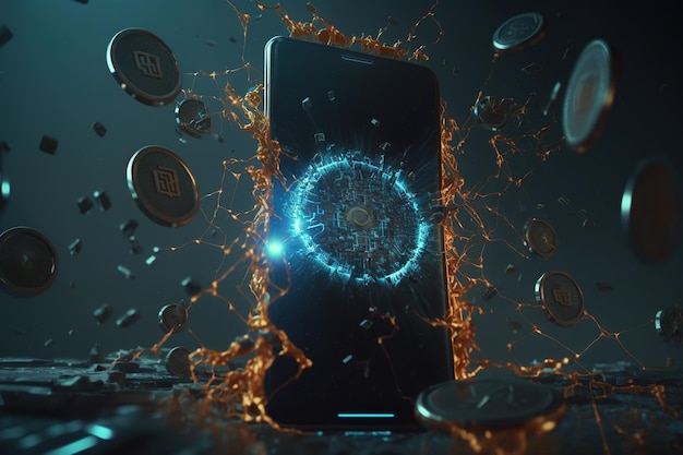 Gegenereerde AI-cryptocurrency-achtergrond met smartphonecrash en munten