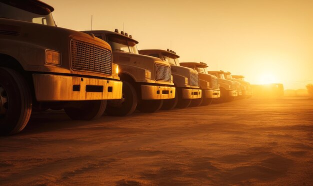 gegenereerde illustratie antieke vrachtwagen in een rij agianst zonsondergang