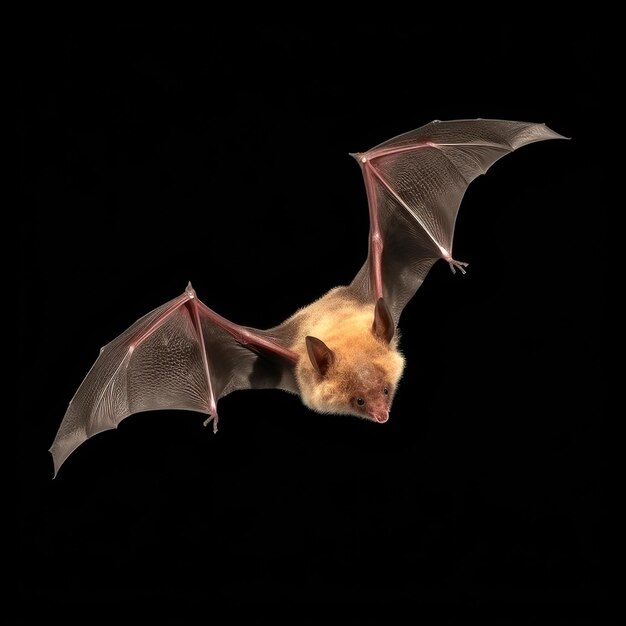 Foto gegenereerde illustratie van een vliegende vleermuis geïsoleerd op zwarte achtergrond