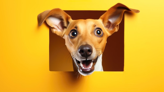 gegenereerde illustratie van nieuwsgierige verbaasde emotionele hond kijkt uit een gat in de muur