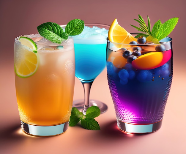 Gegenereerde illustraties van kleurrijke ijskoude alcoholcocktails