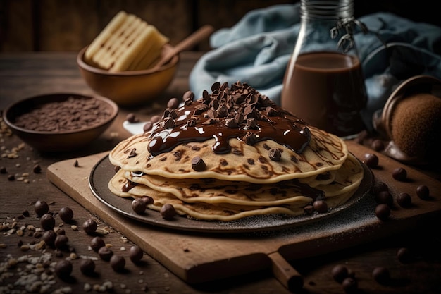 Gegenereerde scène van luchtige pannenkoeken hoog gestapeld en bedekt met warme gesmolten chocolade die een decadent dessert vormen