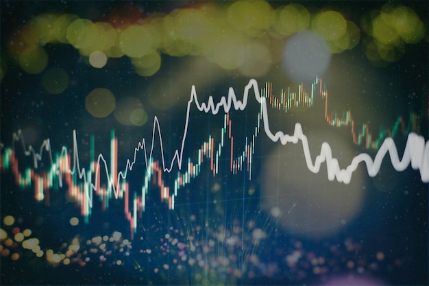gegevens op een monitor waaronder van Marktanalyse. Staafdiagrammen, diagrammen, financiële cijfers. Forex grafiek.