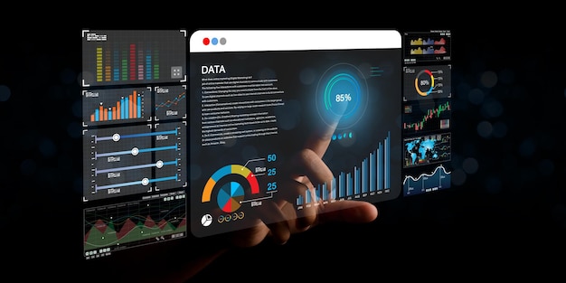 Gegevensanalist werkt aan het dashboard voor bedrijfsanalyse met grafieken met KPI's en statistieken die zijn verbonden met de database voor verkoopmarketing van technologiefinanciering