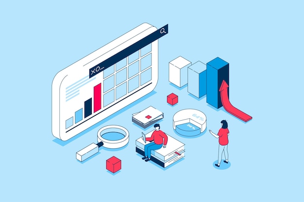 Gegevensanalyse concept in 3D isometrisch ontwerp Mensen analyseren grafieken op dashboard en zakelijke rapporten werken met financiële informatie Vector illustratie met isometriescène voor webafbeelding