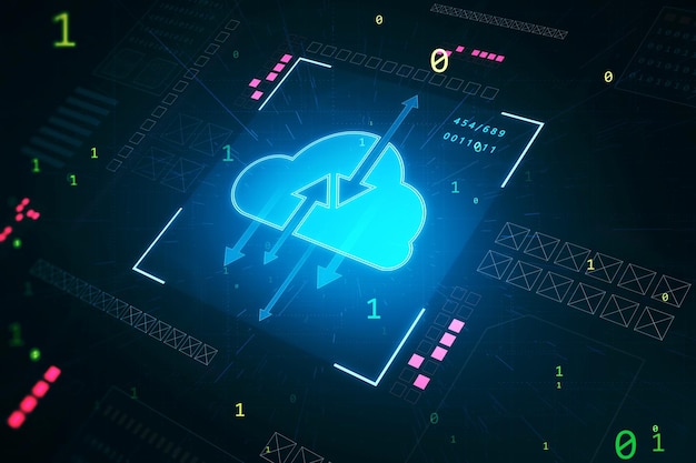 Gegevensopslag en -uitwisselingsconcept met perspectiefweergave op digitaal blauw wolkensymbool met pijlen binnen op virtuele frameknop op abstracte donkere technologische achtergrond 3D-rendering