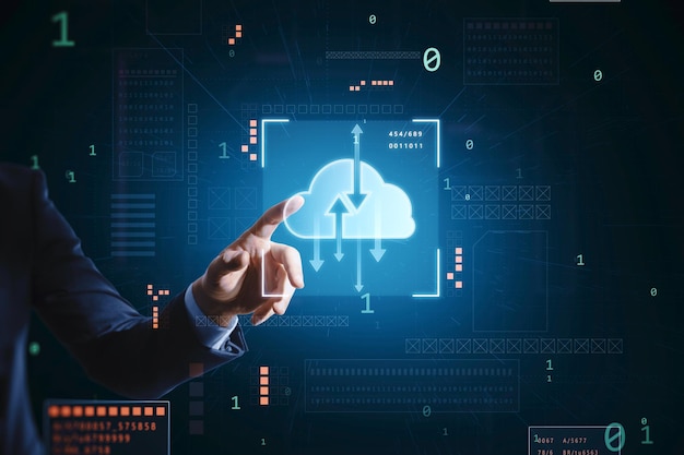 Gegevensuitwisseling en cloudserviceconcept met zakenmanvinger op digitaal touchscreen met gloeiend wolkensymbool en pijlen in virtueel frame op donkere technologische achtergrond