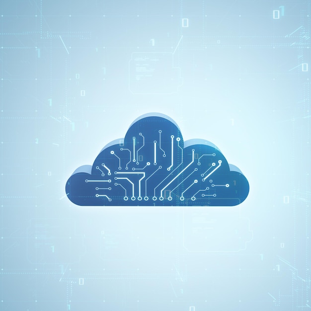 Gegevensverwerkingstechnologie gegevensopslag en computerconcept met digitaal blauw wolkensymbool met schakelschema op lichte abstracte matrix technologische achtergrond met binaire code 3D-rendering