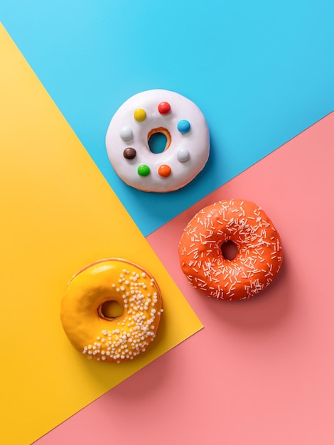 Foto geglazuurde donuts op kleurrijke achtergrond bovenaanzicht