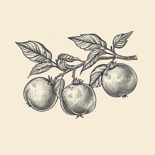 Foto gegraveerde stijl van granaatappels op een tak potlood schets