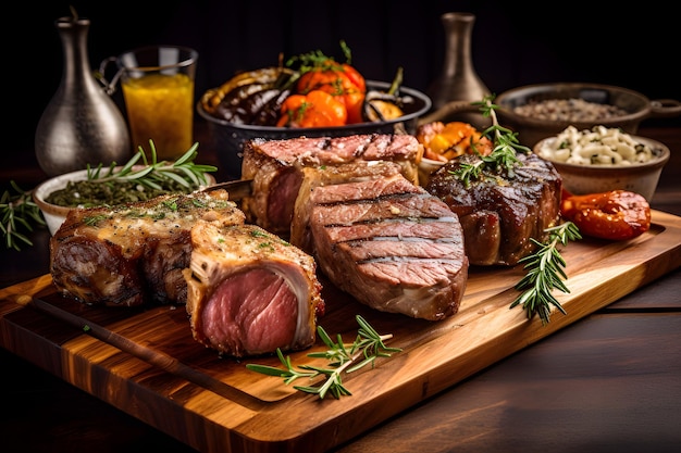 Gegrild gastronomisch vlees op een rustiek houten bord