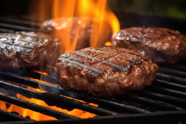 Gegrild hamburgervlees tijdens het koken in brand Ai generatief