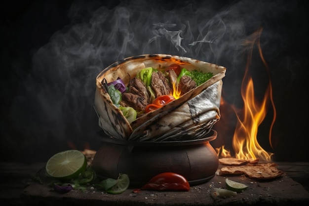 Gegrild vlees en groente shawarmakebab wrap recept met flatbread Kebab wrap koken op een grillpan Generative AI