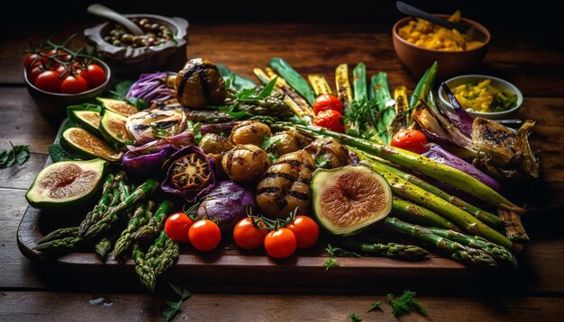 Gegrild vlees en groenten op rustiek bord gegenereerd door AI