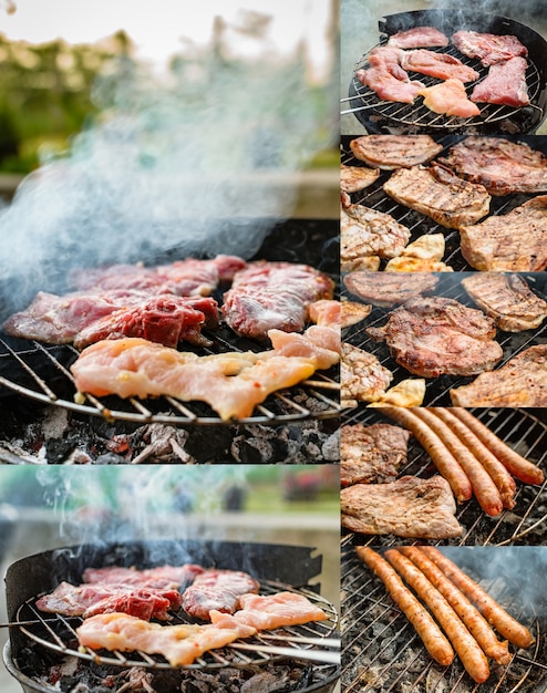 Gegrild vlees varkensvlees rundvlees kippenvlees en worst op barbecue-grill Collage van set foto's