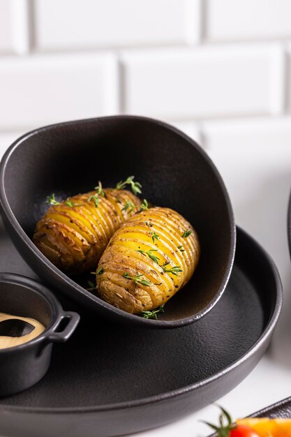 Gegrilde aardappel met tijm, peper en saus