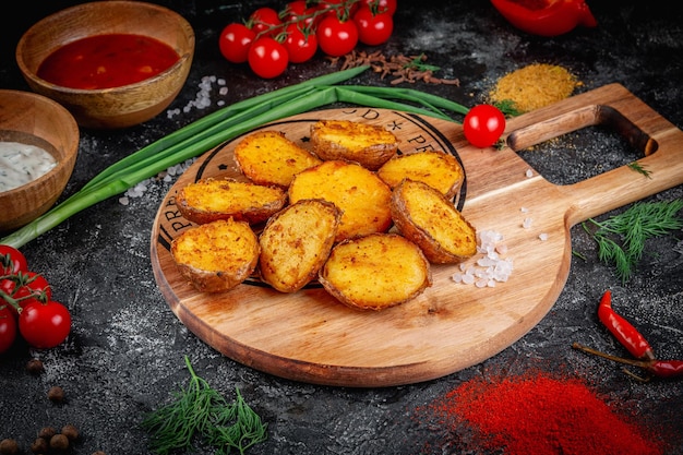 Gegrilde aardappelen geserveerd op een houten bord op een donkere stenen tafel met groentenroom en tomatensaus Veganistische keuken Fastfood restaurant bezorgservice