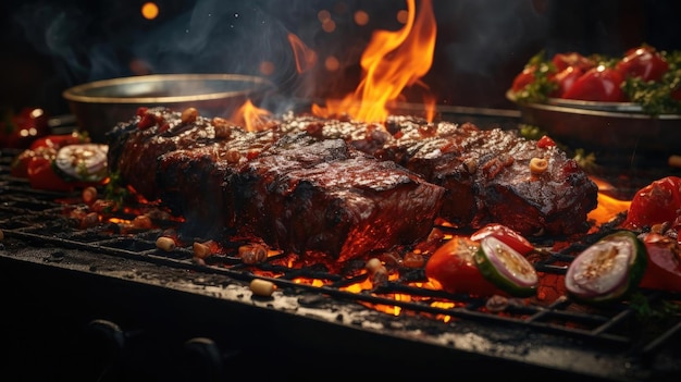 gegrilde barbecue met gesmolten barbecuesaus en gesneden groenten vervagen de achtergrond