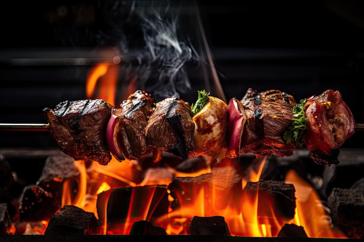 Foto gegrilde beef shishkabob boven open vuur met zichtbare vlammen en rook gemaakt met generatieve ai