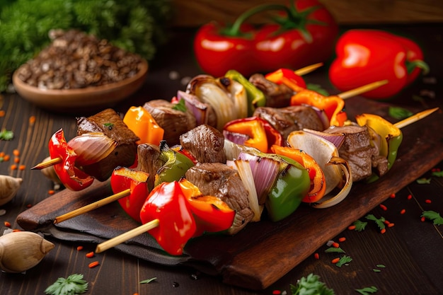 Gegrilde beef shishkabob spies met paprika champignons en uien