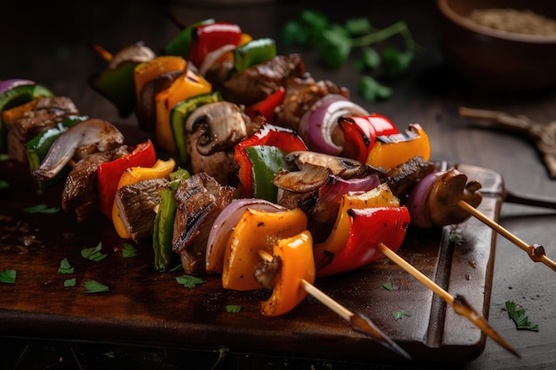 Gegrilde beef shishkabob spies op houten stok met paprika uien en champignons