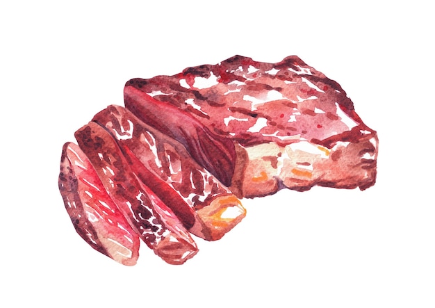 Gegrilde biefstuk. Aquarel hand getekende illustratie, geïsoleerd op een witte achtergrond