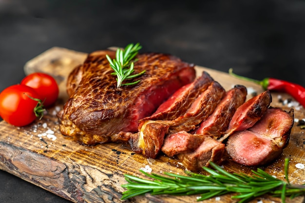 Gegrilde biefstuk, kruiden en specerijen op een snijplank op een stenen achtergrond, bovenaanzicht