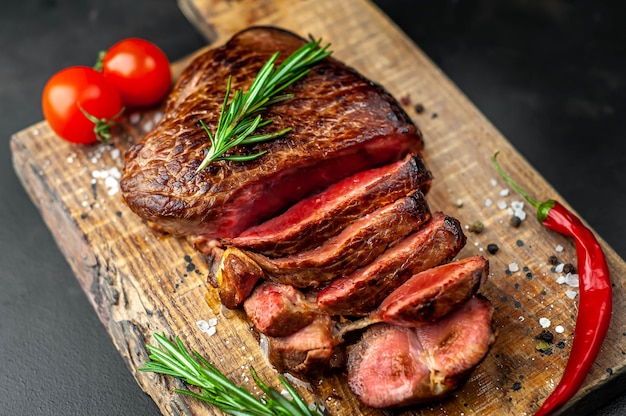 Gegrilde biefstuk, kruiden en specerijen op een snijplank op een stenen achtergrond, bovenaanzicht