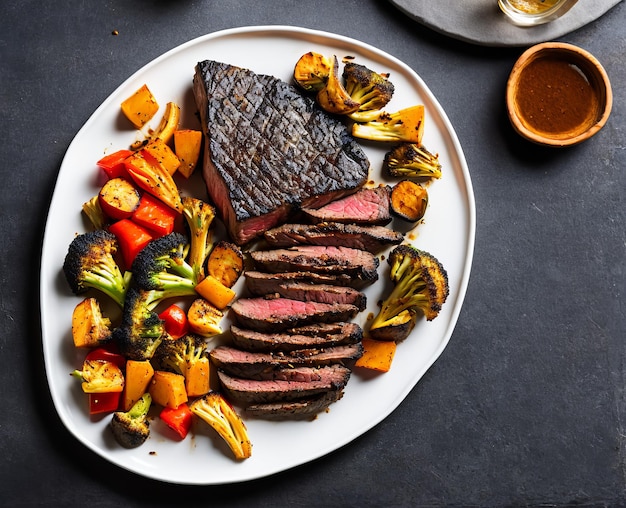 Gegrilde biefstuk met groenten en kruiden op een bord op een witte achtergrond bovenaanzicht