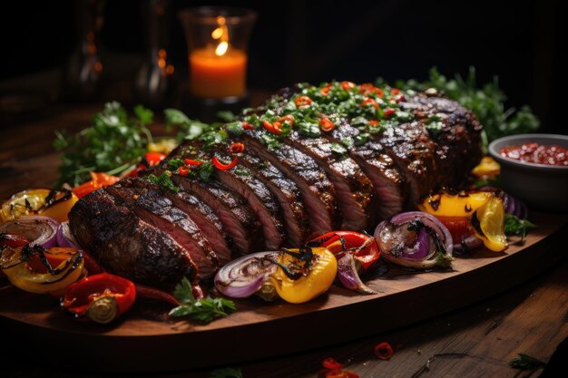 Gegrilde biefstuk met paprika en uien generatief IA