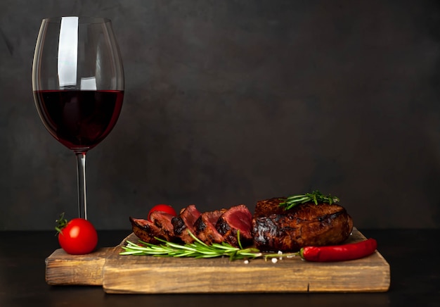 Gegrilde biefstuk met rode wijn, kruiden en specerijen. Uitzicht van boven