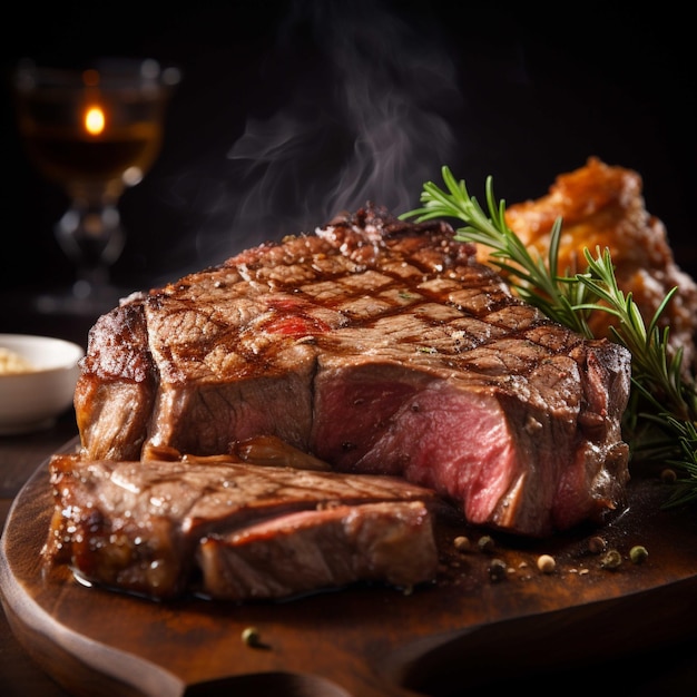 Gegrilde biefstuk met rozemarijn en knoflook op een donkere achtergrond