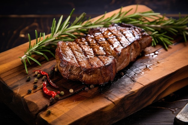 Gegrilde biefstuk met rozemarijn en kruiden op houten snijplank Gegrilde vleesbarbecuesteak op houten snijplank met rozemarijn AI gegenereerd