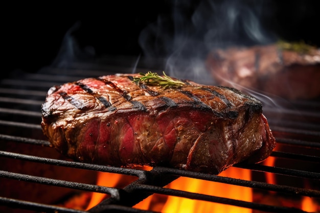 Gegrilde biefstuk op een barbecue met dikke rook