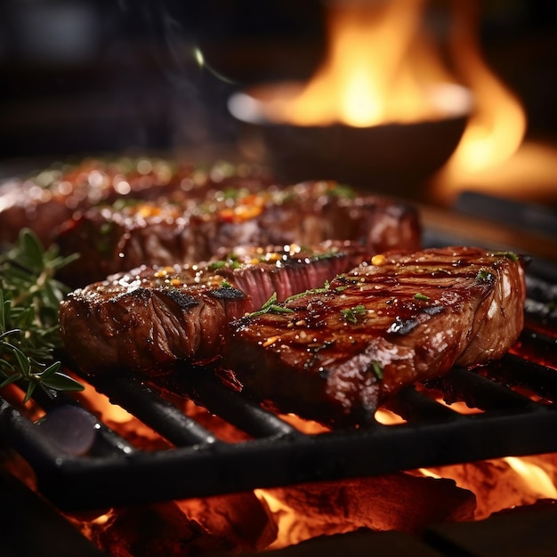 Gegrilde biefstuk op snijplank met kruiden en saus op houten achtergrond