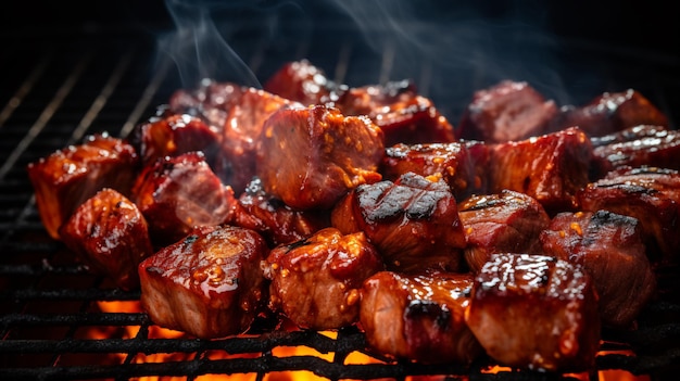 Gegrilde biefstukken op barbecuegrill met vlammen en rook